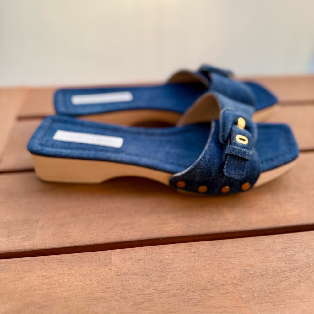 Veronica Beard Denim Buckle Slide Mules in Blue - Picture 2 of 4